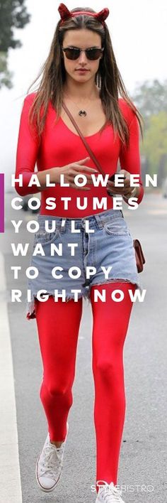 a woman in red is walking down the street with her hand on her hip, and text that reads halloween costumes you'll want to copy right now