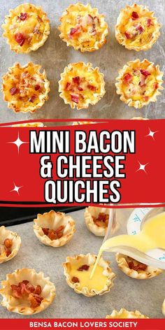 mini bacon and cheese quiche recipe on a baking sheet with the title in red