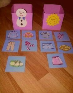 some cards that are sitting on the floor next to a box with clothes and a snowman