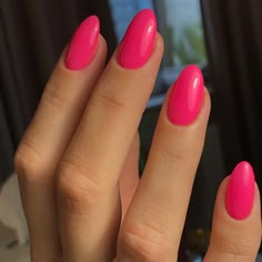 Almond Shaped Nails Short Summer, Bright Pink Oval Nails, Dark Pink Oval Nails, Fuisha Pink Nails, Bright Pink Red Nails, Bright Oval Nails, Oval Nails Colorful, Best Toenail Polish Color, Hot Pink Oval Nails