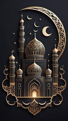 an intricately designed paper cut design with the moon and mosque in gold on a black background