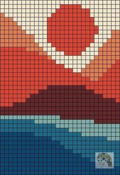 a cross stitch pattern with the sun setting in the background and water on the bottom