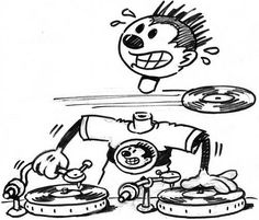 a black and white drawing of a cartoon character playing with two turntables on a record player