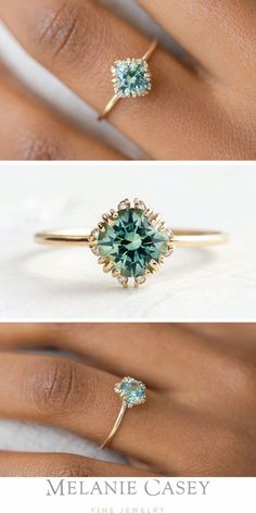 two different views of a ring with blue and green stones on the side, one in gold