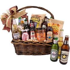 a basket filled with lots of different types of beer