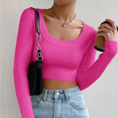 Nwt - Shein Hot Pink Cropped Long Sleeve Top - Open To Negations On Price - Hot Sweater, Teal Sweater, Cropped Long Sleeve Top, Cropped Pullover, Jeans Casual, Women Sweater, Pink Long Sleeve, Knit Crop, Fitted Sweater