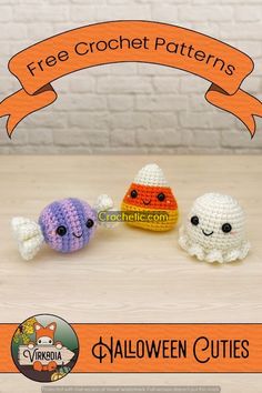 three crocheted halloween amigurts sitting next to each other on a table