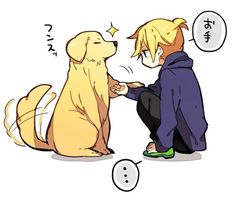 a boy kneeling down next to a dog that is sitting on the ground with its paw in his mouth