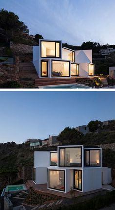 two pictures of the inside and outside of a house with stairs leading up to it