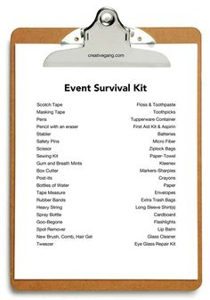 a clipboard with the words event survival kit on it and a clip board attached to it