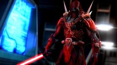 a star wars character holding a red light saber in front of a tv screen with the lights on