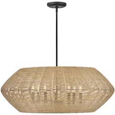 a large woven light fixture hanging from a black metal ceiling fixture with an oval shape