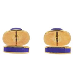 Pair of 18k yellow gold cufflinks by Deakin & Francis, decorated with enamel and lapis lazuli. DESIGNER: Deakin & Francis MATERIAL: 18k Gold GEMSTONES: Lapis DIMENSIONS: Cufflink top is 19mm x 19mm. MARKED/TESTED: D&F, English marks, England. WEIGHT: 34.3 grams CONDITION: Previously Owned/Excellent Condition Designer Enamel Jewelry With Polished Finish, Blue Jewelry With Black Enamel For Formal Occasions, Designer Enamel Jewelry For Formal Occasions, Formal Enamel Jewelry, Designer Yellow Gold Cufflinks With Polished Finish, Formal Oval Enamel Jewelry, Royal Gold Jewelry For Formal Occasions, Luxury Royal Blue Jewelry For Formal Occasions, Luxury Royal Blue Formal Jewelry