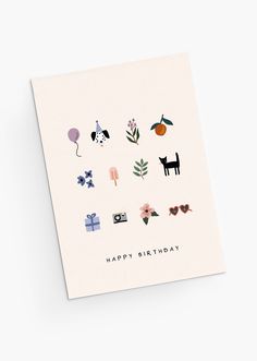 a birthday card with an assortment of icons