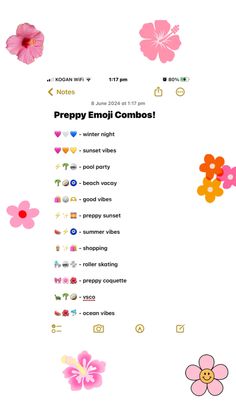 an image of flowers with the words preppy emoji combos on it