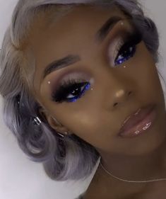 Blue Themed Makeup Looks, Blue Birthday Makeup Ideas, Royal Blue Make Up Looks, Makeup Looks Hollywood, Baddie Prom Makeup, Glitter Under Eyes Make Up Black Women, Gender Reveal Makeup Ideas Black Women, Navy Blue Makeup Looks Black Women, Blue And Silver Makeup Looks Black Women