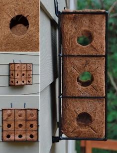 the bird house is made out of wood and has holes in it for birds to eat