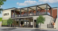 an artist's rendering of the exterior of luke's bar and grill, which will soon open