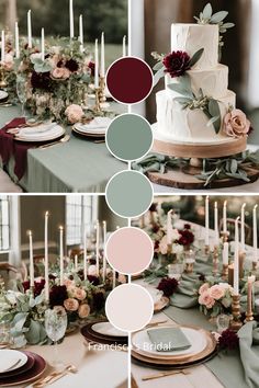 a wedding cake with candles and flowers on the top is surrounded by greenery and other decorations