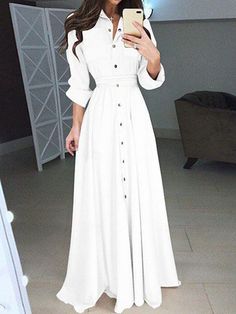 Floryday Vestidos, Plus Size Long Dresses, Womens Golf, Collared Shirt Dress, Golf Clothing, Dress Sleeve Styles, Langer Rock, Solid Color Dress, Women Maxi