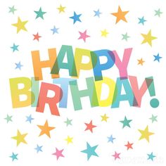 the words happy birthday are surrounded by stars in multicolored colors on a white background