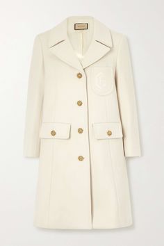 Shop GUCCI Button-embellished wool coat, Explore the latest GUCCI women's collection today on NET A PORTER Gucci Luxury Outerwear With Button Cuffs, Gucci Cream Winter Outerwear, Gucci Long Sleeve Cream Outerwear, Luxury Gucci Cream Outerwear, Luxury Cream Gucci Outerwear, Gucci Cream Long Sleeve Outerwear, Classic White Gucci Outerwear, Fitted Beige Gucci Outerwear, White Gucci Outerwear For Work