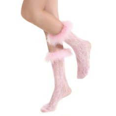 Destiny Feather Trim Lace Crew Sock | Pastel Pink - Sock Season Affordable Fun Pink Socks, Pink Kogal Socks, Cheap Stretch Pink Socks, Cheap Cute Pink Socks, Farfetch Pink Socks, Pink Ruffle Socks, Trendy Mid-calf Stockings, Pink Knee-high Socks For Spring Stocking Stuffer, Trendy Knee-high Party Socks