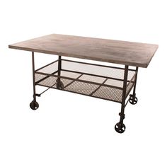 a metal table with wheels on it