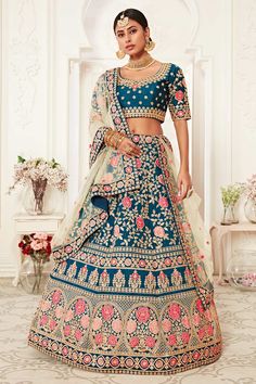 Shop Blue Slub Silk Zari And Sequins Embroidery Work Lehenga Set at best offer at our Lehenga Set Store - Karmaplace Lehenga Choli Designs, Bridesmaid Lehenga, Bollywood Lehenga, Net Blouses, Lengha Choli, Blue Lehenga, Red Lehenga, Saree Design, Ghagra Choli