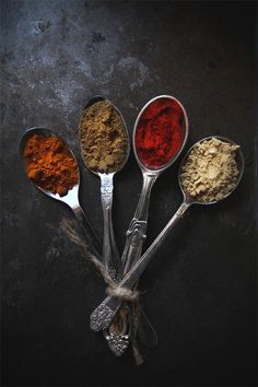 five spoons filled with different types of spices