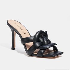 Leather Upper Leather Lining And Footbed Leather Outsole Slip On 3 1/2" Heel Style No. C8985 Blue Sandals Heels, Curated Wardrobe, Blue Sandals, Coach Shoes, Metallic Leather, Leather Pumps, Heel Sandals, High Heel Sandals, Stiletto Heel