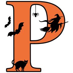 the letter p is decorated with bats, witches and a cat on it's back