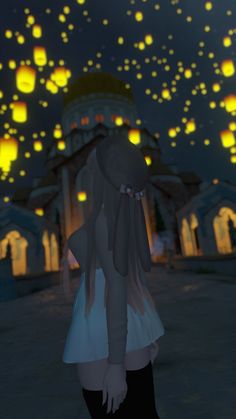 a girl is standing in front of lanterns