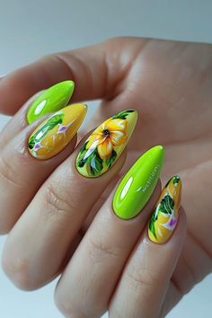 Wild Summer Nails, Summer Nail Inspiration Acrylic, Nails With Pink Flowers, Acrylic Cactus, Cactus Nails, Sparkle Nail Designs, Tropical Nail Art, Tropical Nail Designs, Fruit Nail Designs