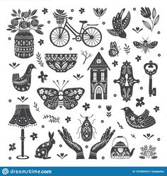 the set of decorative elements for design in black and white colors, including birds, flowers,