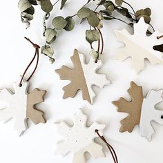 some white and brown leaf ornaments hanging from a branch with leaves on it's sides