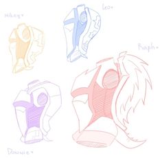 three different colored drawings of helmets on a white background