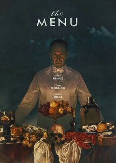 a man standing in front of a table with food on it and the words menu above him