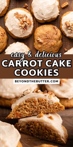 This easy Carrot Cake Cookies recipe is a delicious way to enjoy carrot cake in cookie form! Each bite gives you an incredibly soft cake-like cookie packed with finely grated carrots and warm spices of ground cinnamon and nutmeg, topped with a luscious brown butter cinnamon cream cheese frosting. They're a crowd-pleasing sweet treat for sure! Find the full printable recipe on BeyondtheButter.com. Easy Carrot Cake Cookies, Carrot Cake Cookies Recipe, Cake Cookies Recipe, Brown Butter Cream Cheese Frosting, Spring Recipes Dessert, Soft Cake, Butter Cinnamon