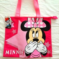 Disney Minnie Mouse Zipper Tote Bag Pink Character Bag For Everyday Use, White Minnie Mouse Bag For Daily Use, Character Style Pink Bag For Disney Trips, White Minnie Mouse School Bag, Disney Style Minnie Mouse Bag For Disney Fan Events, Playful Pink Bag For Disney Trips, Pink Bags With Zipper For Disney Trips, Pink Character Bag For Disney Trips, Pink Bags With Zipper Closure For Disney Trips