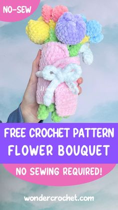 a hand holding a crochet flower bouquet with the text, free crochet pattern