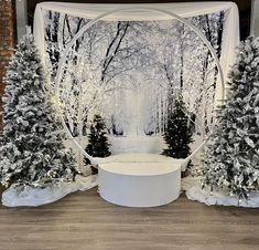 three christmas trees in front of a backdrop with snow on the ground and around them