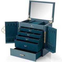 a blue jewelry box with five drawers and a mirror in it's front, on a white background