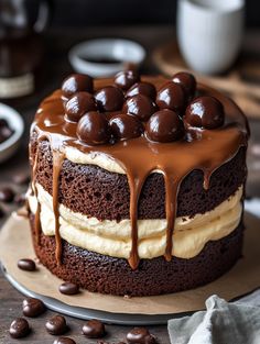 a chocolate cake with white frosting and chocolate candies on top