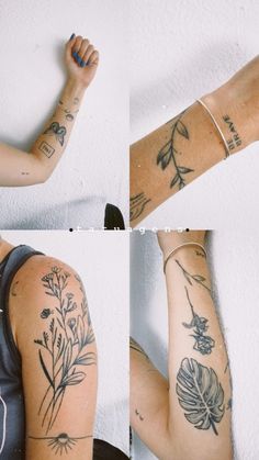 four pictures of different tattoos on the arms and arm, one with flowers in it