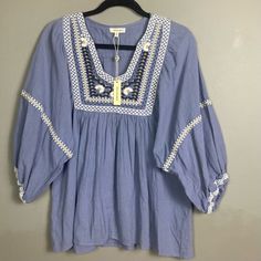 Max Studio Blouse Top Large Nwt Boho Peasant Prairie Relaxed Embroidered Blue Gauzy 100% Cotton Brand New With Tags Pullover Blousy Full Sleeves Elastic Cuffs Aoe All Over Embroidery - German Boho Style - Daisies Flowers Lattice Scoop Neck Comfortable Breathable Measurements 28"" Pit To Pit 28"" Long Tags: Summer Comfort Comfortable Beachy Breathable Breezy Bohemian Light Blue Blouse With Floral Embroidery, Blue Folk Style Tops For Beach, Spring Folk Style Blue Blouse, Blue Folk Style Blouse For Spring, Blue Folk Style Top For Beach, Folk Style Blue Top For Beach, Blue Folk Style Beach Top, Blue Peasant Top With Floral Embroidery For Spring, Blue Floral Embroidered Peasant Top For Spring