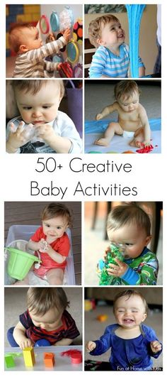 some baby pictures are shown with the words 50 + creative baby activities