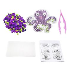 the craft kit includes beads, buttons and scissors to make an octopus ornament