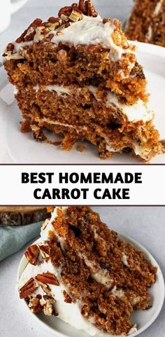 two pictures of carrot cake with white frosting and pecans on the top one