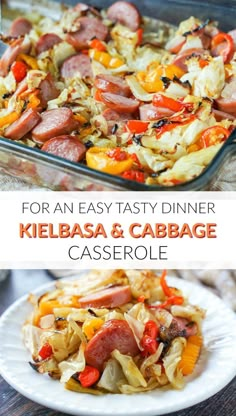 kielbasa and cabbage casserole with text overlay